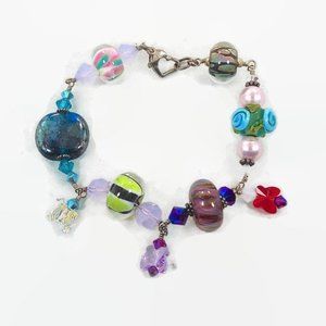 Glass Bracelet, Beaded, Sterling Silver, Rainbow Shades, Art Glass, Artisan